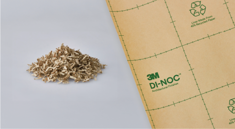 Empilement de papier recyclé à côté d’un rouleau de pellicule architecturale 3M.
