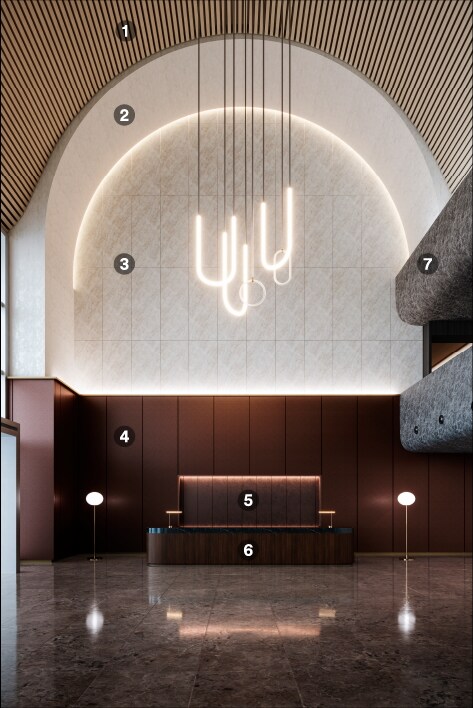 Majestueuse salle de réception décorée avec un éventail de finitions architecturales aux couleurs et textures variées.
