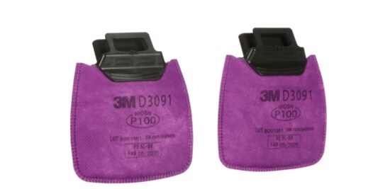 Two pink 3M™ Secure Click™ Repirator Filters.
