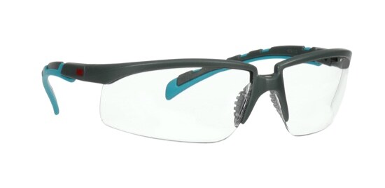 A pair of 3M™ Solus 2000 Series Eyewear safety glasses with black frames and blue arms.
