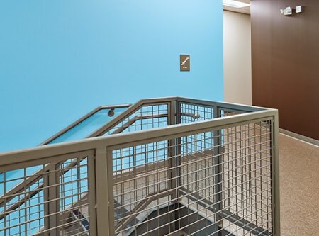 Hallway and staircase with solid blue and brown graphic film covered walls.
