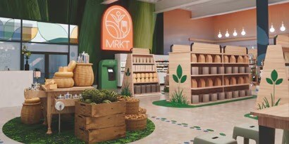 Magasin de détail avec décoration, paniers et étagères verts, offrant des solutions graphiques pour l’image de marque.
