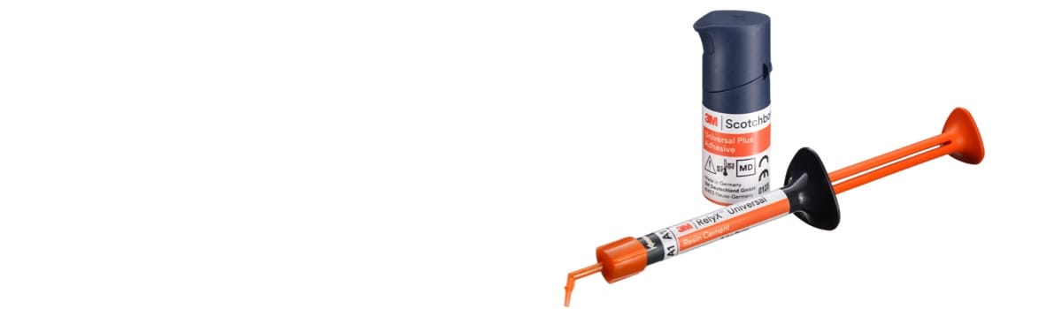 A bottle of dental adhesive and an orange syringe of 3M™ RelyX™ Universal Resin Cement. 

