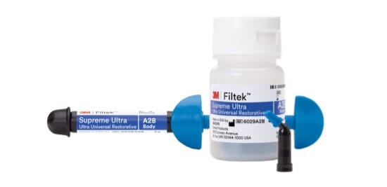 A bottle and a syringe of 3M™ Filtek™ Supreme Ultra Universal Restorative.
